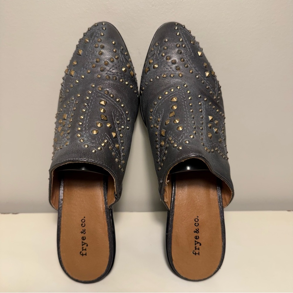 Frye & Co. Phoenix Leather Studded Heeled Mule Womens Size 9.5 Gold Grunge West - Picture 6 of 9